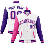 Custom White Purple-Pink Full-Snap Varsity Raglan Sleeves Letterman Baseball Jacket | BuyFootballJersey