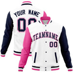 Custom White Navy-Pink Full-Snap Varsity Raglan Sleeves Letterman Baseball Jacket | BuyFootballJersey