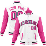 Custom White Pink Full-Snap Varsity Raglan Sleeves Letterman Baseball Jacket | BuyFootballJersey
