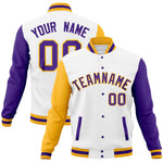 Custom White Purple-Gold Full-Snap Varsity Raglan Sleeves Letterman Baseball Jacket | BuyFootballJersey