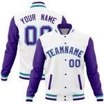Custom White Purple Full-Snap Varsity Raglan Sleeves Letterman Baseball Jacket | BuyFootballJersey