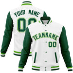 Custom White Green Full-Snap Varsity Raglan Sleeves Letterman Baseball Jacket | BuyFootballJersey