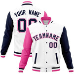 Custom White Navy-Pink Full-Snap Varsity Raglan Sleeves Letterman Baseball Jacket | BuyFootballJersey