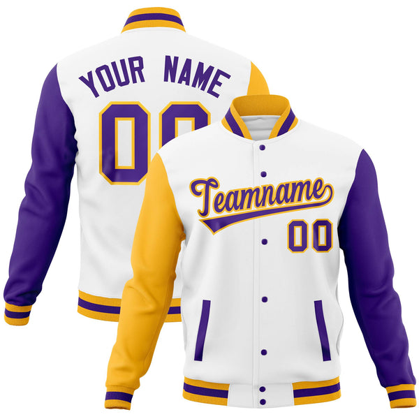 Custom White Purple-Gold Full-Snap Varsity Raglan Sleeves Letterman Baseball Jacket | BuyFootballJersey