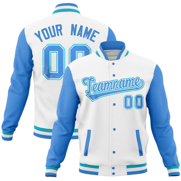 Custom White Powder Blue Full-Snap Varsity Raglan Sleeves Letterman Baseball Jacket | BuyFootballJersey