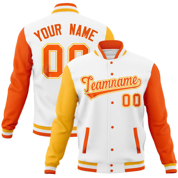 Custom White Orange-Gold Full-Snap Varsity Raglan Sleeves Letterman Baseball Jacket | BuyFootballJersey