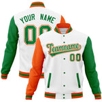 Custom White Kelly Green-Orange Full-Snap Varsity Raglan Sleeves Letterman Baseball Jacket | BuyFootballJersey