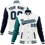 Custom White Navy-Aqua Full-Snap Varsity Raglan Sleeves Letterman Baseball Jacket | BuyFootballJersey