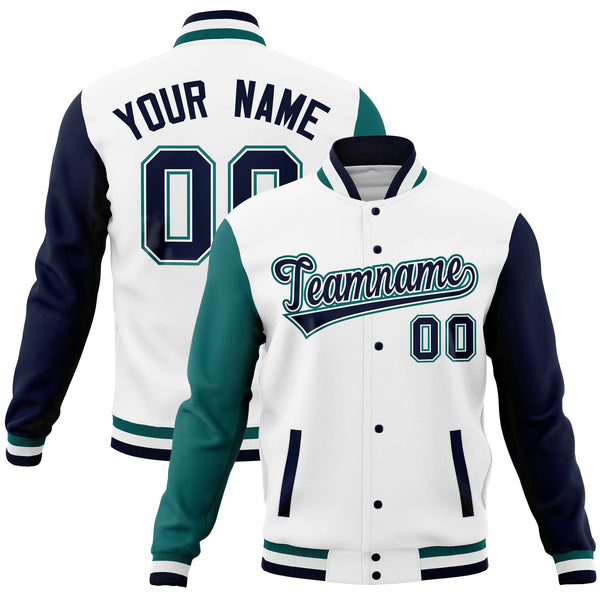Custom White Navy-Aqua Full-Snap Varsity Raglan Sleeves Letterman Baseball Jacket | BuyFootballJersey