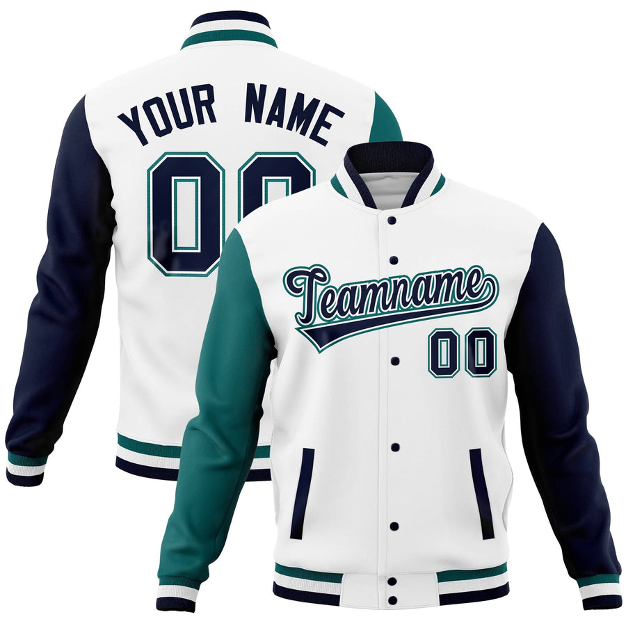 Custom White Navy-Aqua Full-Snap Varsity Raglan Sleeves Letterman Baseball Jacket | BuyFootballJersey