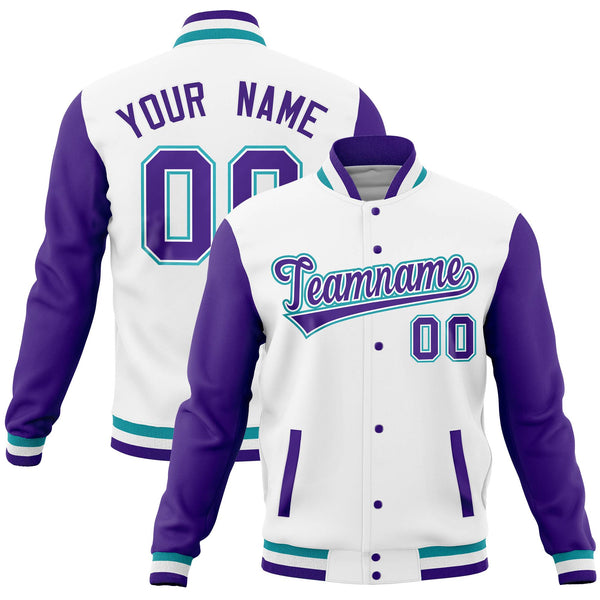 Custom White Purple Full-Snap Varsity Raglan Sleeves Letterman Baseball Jacket | BuyFootballJersey