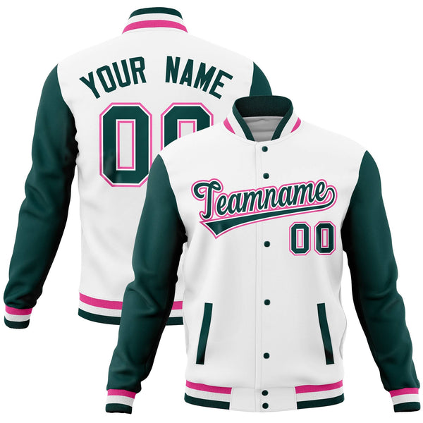 Custom White Midnight Green Full-Snap Varsity Raglan Sleeves Letterman Baseball Jacket | BuyFootballJersey