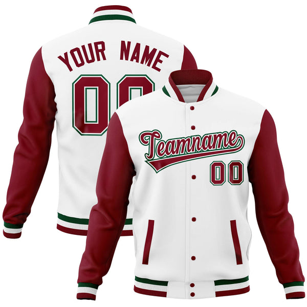 Custom White Crimson Full-Snap Varsity Raglan Sleeves Letterman Baseball Jacket | BuyFootballJersey