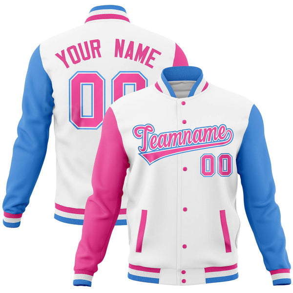 Custom White Powder Blue-Pink Full-Snap Varsity Raglan Sleeves Letterman Baseball Jacket | BuyFootballJersey