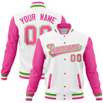 Custom White Pink Full-Snap Varsity Raglan Sleeves Letterman Baseball Jacket | BuyFootballJersey