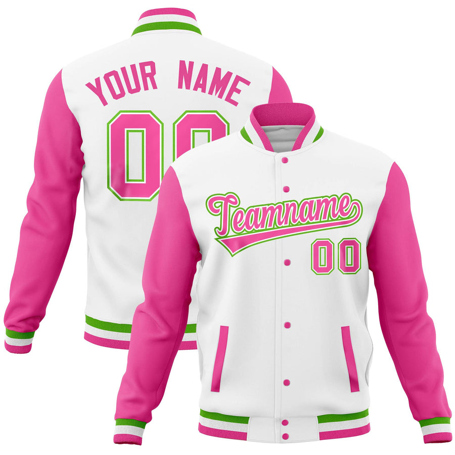 Custom White Pink Full-Snap Varsity Raglan Sleeves Letterman Baseball Jacket | BuyFootballJersey