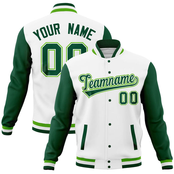 Custom White Green Full-Snap Varsity Raglan Sleeves Letterman Baseball Jacket | BuyFootballJersey