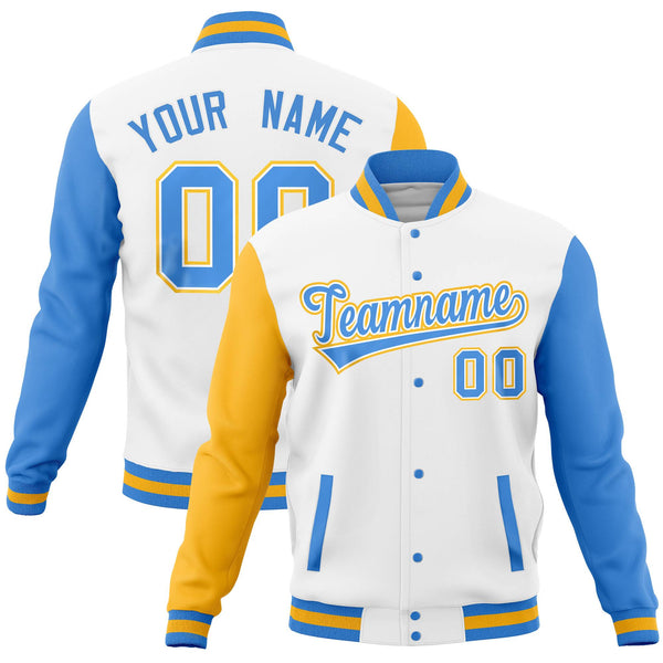 Custom White Powder Blue-Gold Full-Snap Varsity Raglan Sleeves Letterman Baseball Jacket | BuyFootballJersey