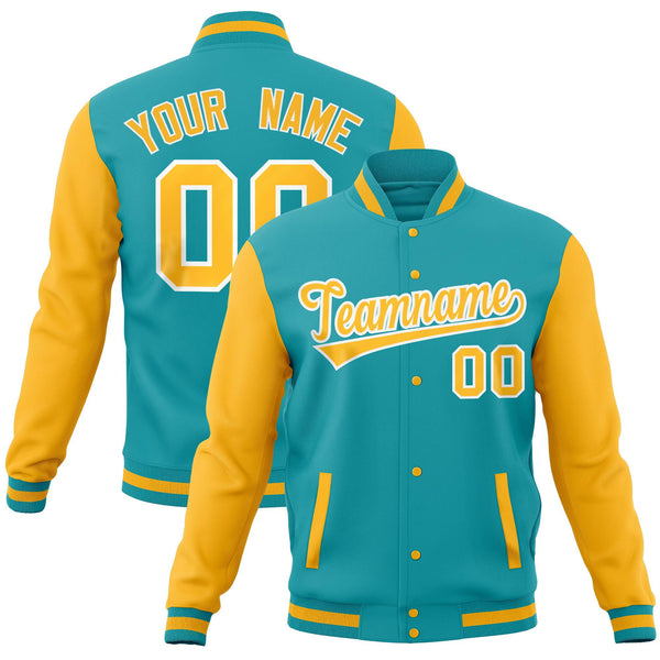 Custom Aqua Gold Full-Snap Varsity Raglan Sleeves Letterman Baseball Jacket | BuyFootballJersey