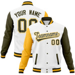 Custom White Olive-Gold Full-Snap Varsity Raglan Sleeves Letterman Baseball Jacket | BuyFootballJersey
