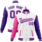 Custom White Purple-Pink Full-Snap Varsity Raglan Sleeves Letterman Baseball Jacket | BuyFootballJersey