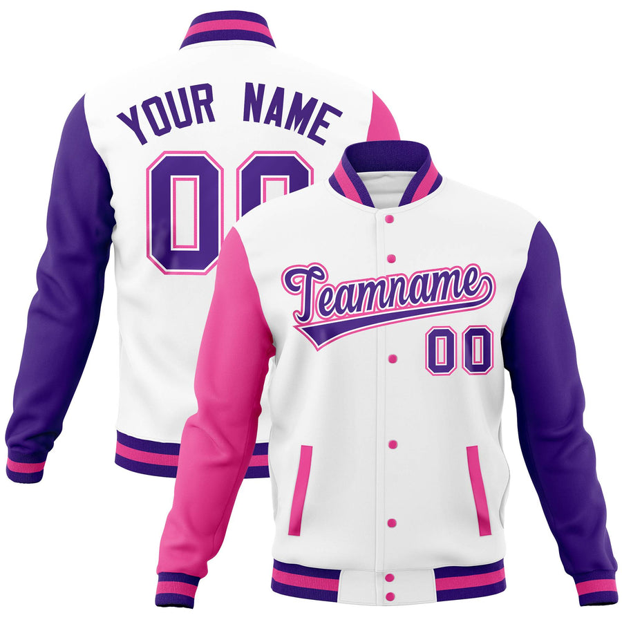 Custom White Purple-Pink Full-Snap Varsity Raglan Sleeves Letterman Baseball Jacket | BuyFootballJersey