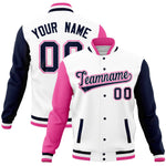 Custom White Navy-Pink Full-Snap Varsity Raglan Sleeves Letterman Baseball Jacket | BuyFootballJersey