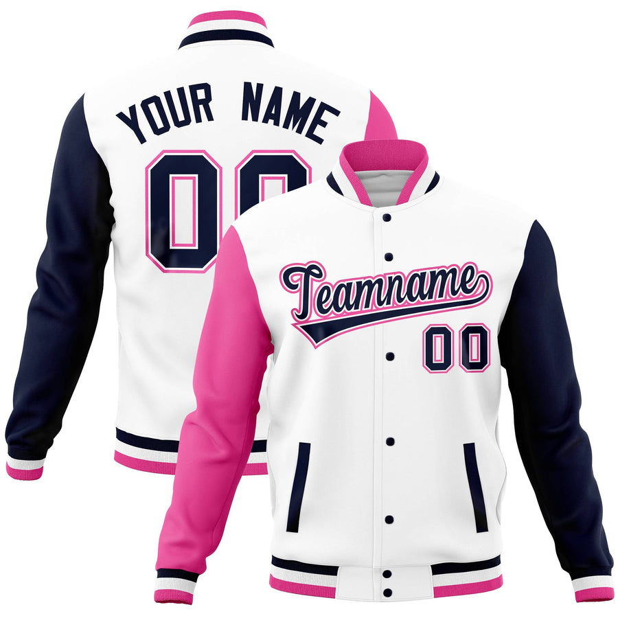 Custom White Navy-Pink Full-Snap Varsity Raglan Sleeves Letterman Baseball Jacket | BuyFootballJersey