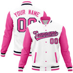 Custom White Pink Full-Snap Varsity Raglan Sleeves Letterman Baseball Jacket | BuyFootballJersey