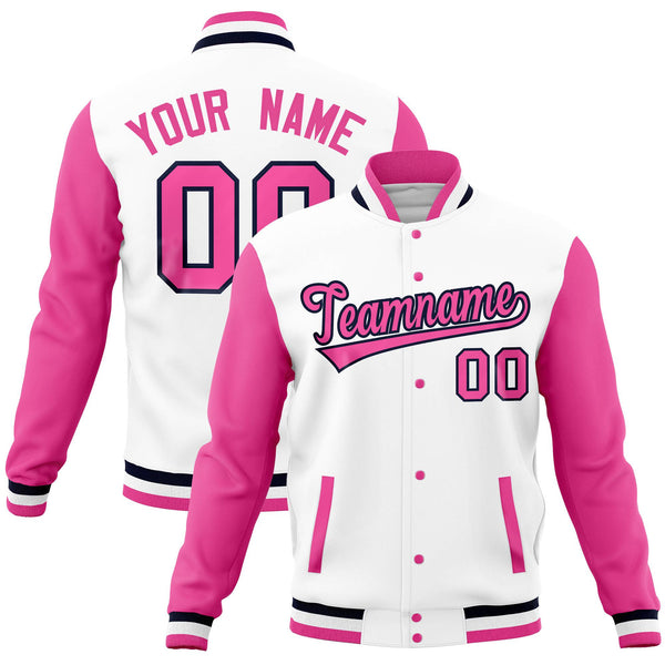 Custom White Pink Full-Snap Varsity Raglan Sleeves Letterman Baseball Jacket | BuyFootballJersey
