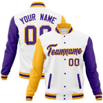 Custom White Purple-Gold Full-Snap Varsity Raglan Sleeves Letterman Baseball Jacket | BuyFootballJersey