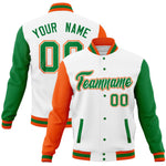 Custom White Kelly Green-Orange Full-Snap Varsity Raglan Sleeves Letterman Baseball Jacket | BuyFootballJersey