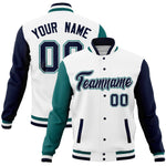 Custom White Navy-Aqua Full-Snap Varsity Raglan Sleeves Letterman Baseball Jacket | BuyFootballJersey