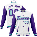 Custom White Purple Full-Snap Varsity Raglan Sleeves Letterman Baseball Jacket | BuyFootballJersey