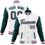 Custom White Midnight Green Full-Snap Varsity Raglan Sleeves Letterman Baseball Jacket | BuyFootballJersey