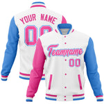 Custom White Powder Blue-Pink Full-Snap Varsity Raglan Sleeves Letterman Baseball Jacket | BuyFootballJersey