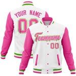 Custom White Pink Full-Snap Varsity Raglan Sleeves Letterman Baseball Jacket | BuyFootballJersey