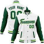 Custom White Green Full-Snap Varsity Raglan Sleeves Letterman Baseball Jacket | BuyFootballJersey