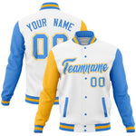 Custom White Powder Blue-Gold Full-Snap Varsity Raglan Sleeves Letterman Baseball Jacket | BuyFootballJersey