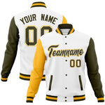 Custom White Olive-Gold Full-Snap Varsity Raglan Sleeves Letterman Baseball Jacket | BuyFootballJersey