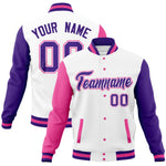 Custom White Purple-Pink Full-Snap Varsity Raglan Sleeves Letterman Baseball Jacket | BuyFootballJersey