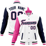 Custom White Navy-Pink Full-Snap Varsity Raglan Sleeves Letterman Baseball Jacket | BuyFootballJersey