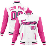 Custom White Pink Full-Snap Varsity Raglan Sleeves Letterman Baseball Jacket | BuyFootballJersey