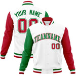 Custom White Red-Kelly Green Raglan Sleeves Varsity Full-Snap Letterman Jacket | BuyFootballJersey