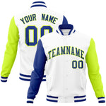Custom White Neon Green-Royal Raglan Sleeves Varsity Full-Snap Letterman Jacket | BuyFootballJersey