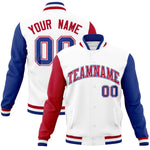 Custom White Royal-Red Raglan Sleeves Varsity Full-Snap Letterman Jacket | BuyFootballJersey