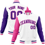 Custom White Purple-Pink Raglan Sleeves Varsity Full-Snap Letterman Jacket | BuyFootballJersey