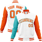 Custom White Orange-Bright Green Raglan Sleeves Varsity Full-Snap Letterman Jacket | BuyFootballJersey