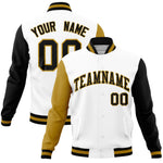 Custom White Black-Old Gold Raglan Sleeves Varsity Full-Snap Letterman Jacket | BuyFootballJersey