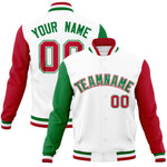 Custom White Red-Kelly Green Raglan Sleeves Varsity Full-Snap Letterman Jacket | BuyFootballJersey